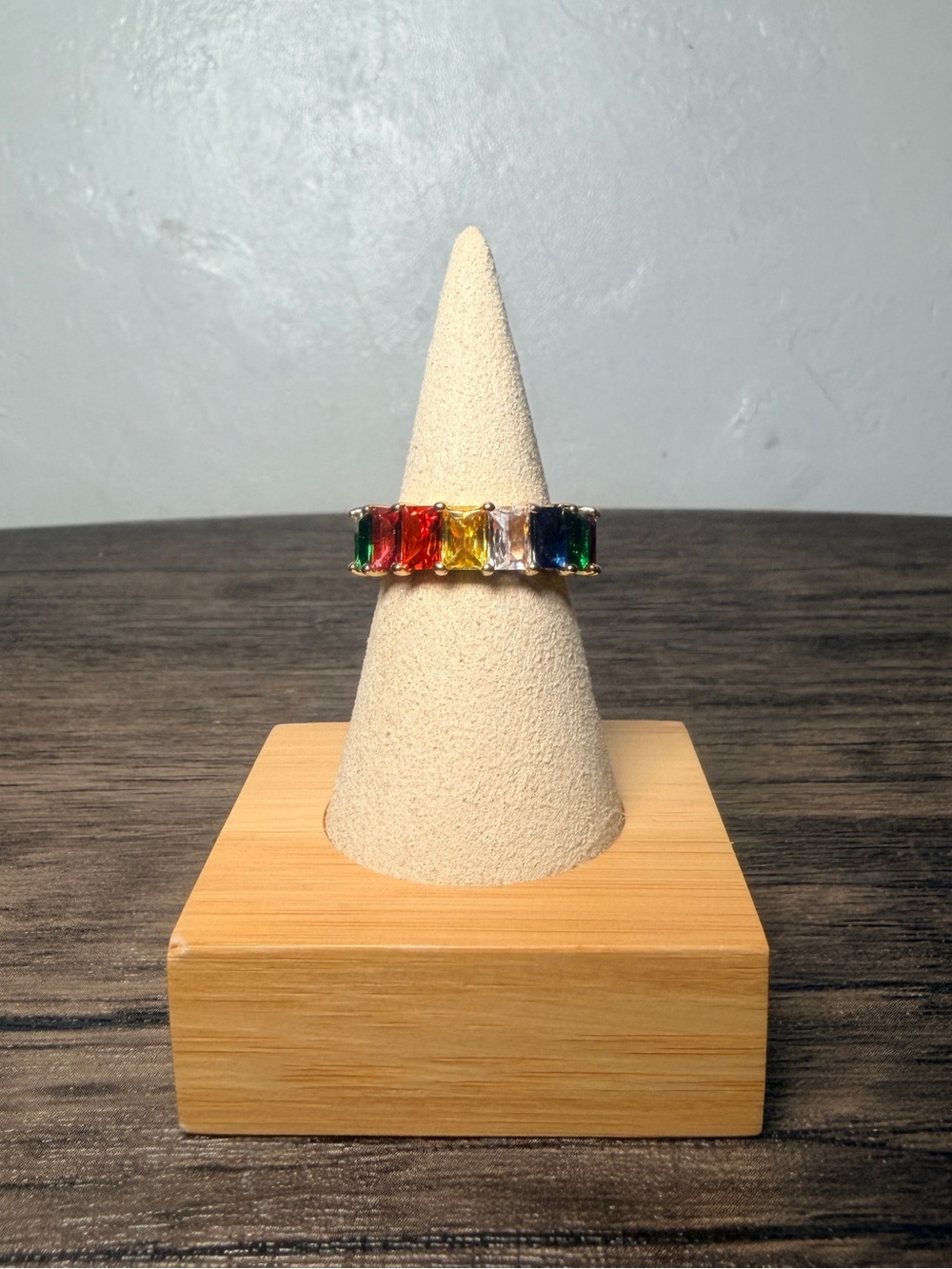Multi-Color Baguette Gemstone Band Ring - Vibrant Rainbow Colors Size 8